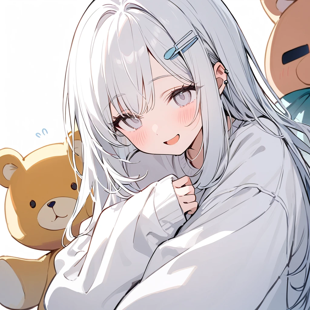 long hair, White hair,White inner hair, open mouth, smile, flustered, Illustration where the pupil does not overlap the lower lash line, The lower half of the eye is white, vacant eyes,White eyes, oversized clothes, sleeves past wrists, , White cardigan, White ribbon, piercing, stuffed animal, White background, 2girls, solo, hairpin,Embrace