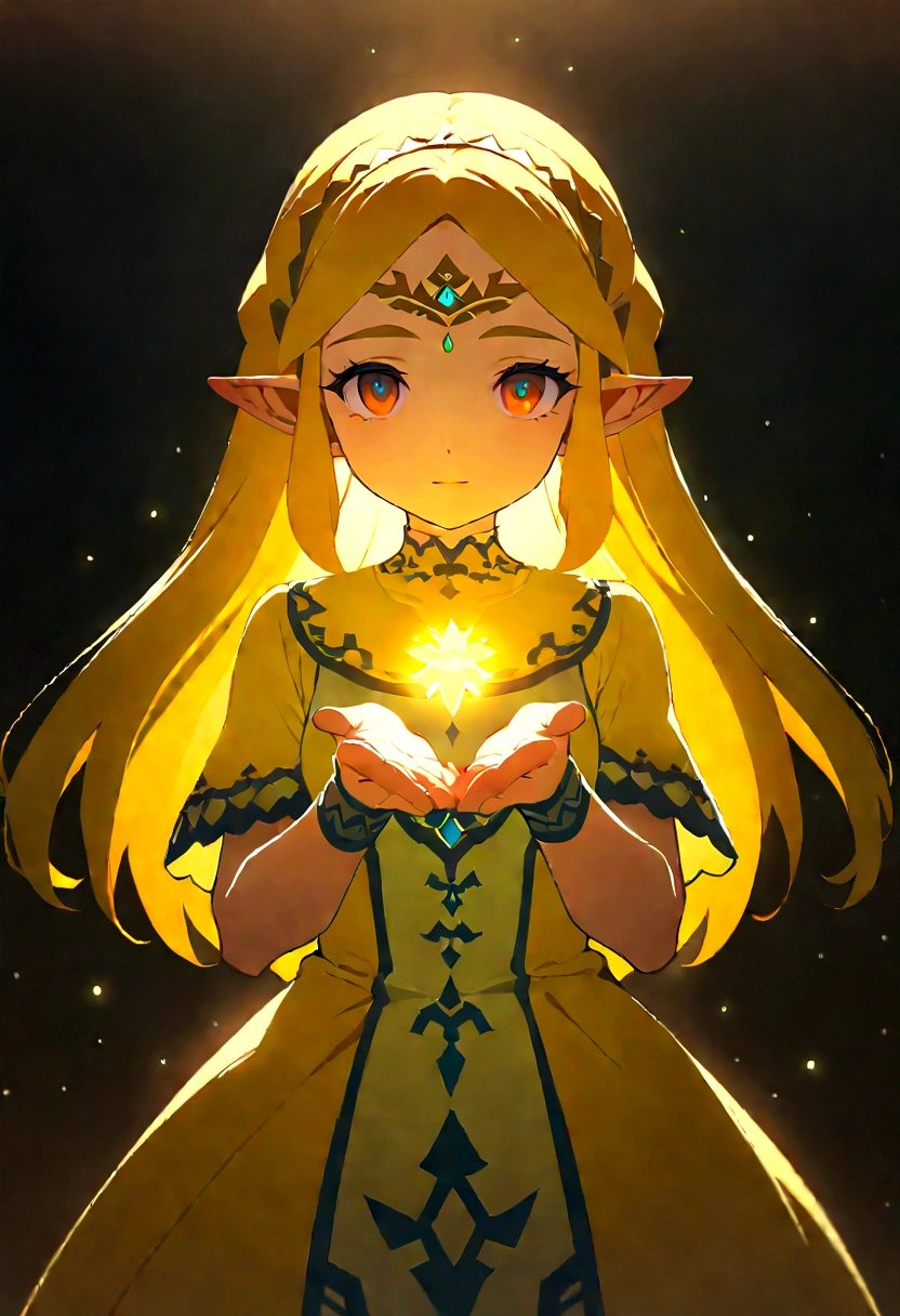 totkzelda, zonai dress, Zelda, 1girl, best quality, masterpiece, high quality, extremely detailed CG unity 8k wallpaper, delicate background, luminous particles, complex details looking at viewer, giving off a warm feeling,