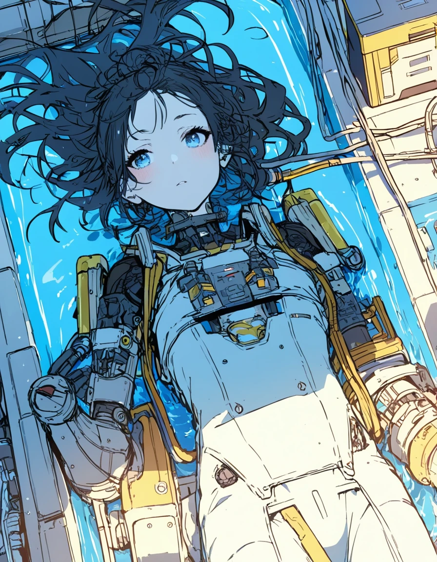 extremely clear 8K wallpaper, extremely delicate and detailed face:1.3, absurdres, masterpiece, by Posuka Demizu, 1android girl is lying on maintenance pool with many tubes and mechanical arms.,