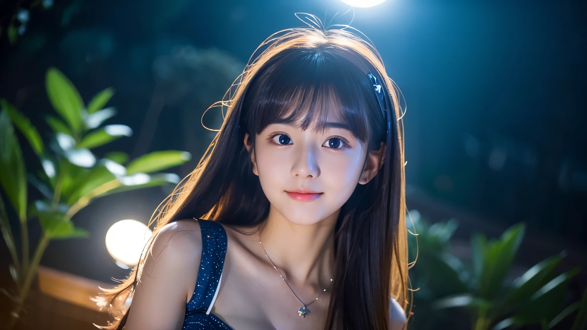 A very cute face like an idol、Looks like a young face、20-year-old female、Gentle and cute、Cleavage、Beautiful moon and starry night、Illuminated only by moonlight、RAW Photos、Genuine、live-action、(Artistic Expression)、Real Stick、High resolution、masterpiece