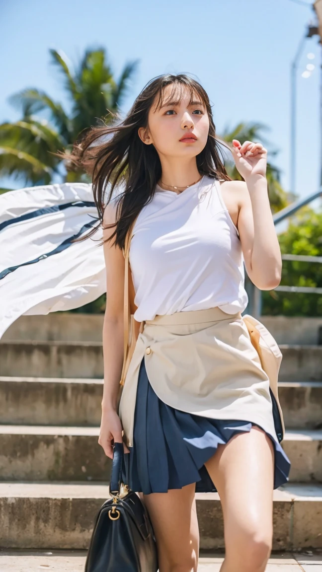 ((Viewing angle from below、Highest quality、masterpiece、32k、Every detail))、Descend the outdoor stairs、commute、Systemic symptoms、Traditional navy blue sailor uniform、White blouse、Pleated skirt、(((A strong wind blows my hair and skirt away:1.62)))、((I always carry the shoulder strap of my bag across my body...:1.22))、One Girl, alone、(((mini skirt, No underwear:1.22)))、Big Breasts、barefoot, High heels