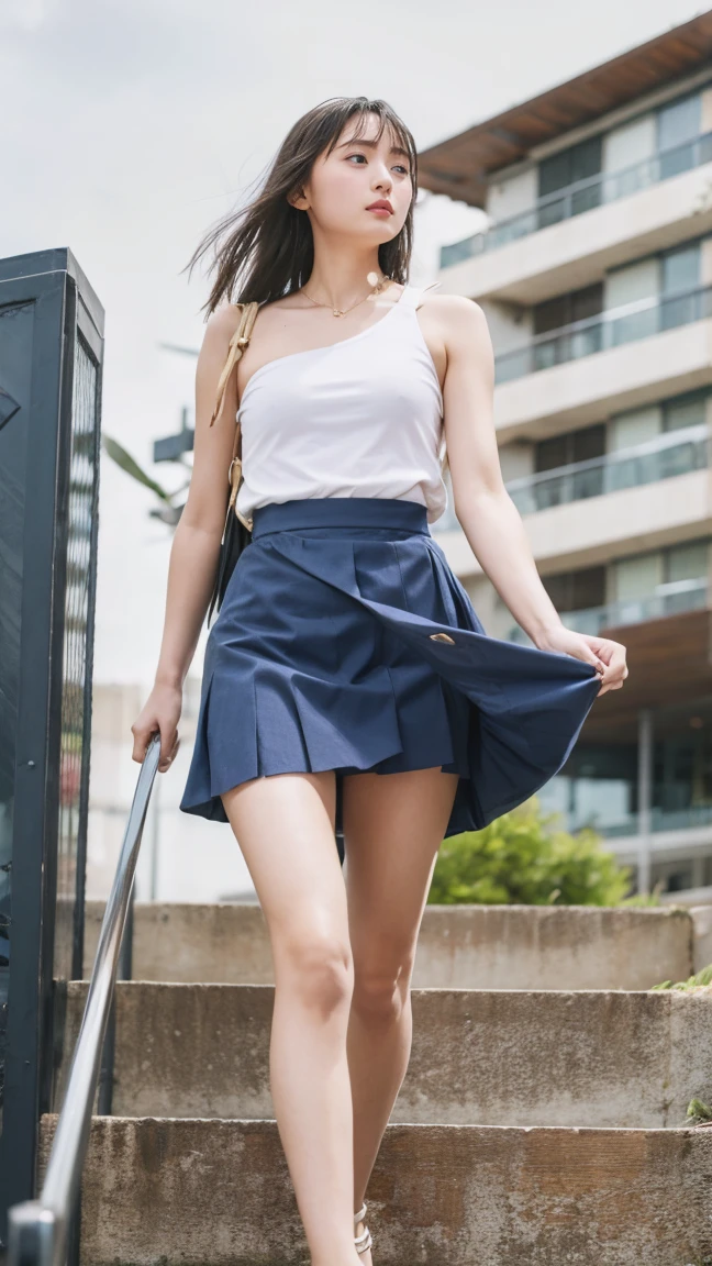 ((Viewing angle from below、Highest quality、masterpiece、32k、Every detail))、Descend the outdoor stairs、commute、Systemic symptoms、Traditional navy blue sailor uniform、White blouse、Pleated skirt、(((A strong wind blows my hair and skirt away:1.62)))、((I always carry the shoulder strap of my bag across my body...:1.22))、One Girl, alone、(((mini skirt, No underwear:1.22)))、Big Breasts、barefoot, High heels