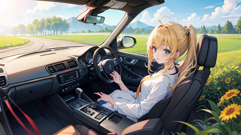 An anime girl driving a convertible car through a picturesque countryside, the morning light shining brightly. She is wearing a favorite casual outfit, with her hair flowing in the wind and a joyful smile on her face. The background features rolling green hills, blooming wildflowers, and a clear blue sky. The sun rises, casting a warm, golden glow across the scene, symbolizing hope and new beginnings. The girl's expression is full of excitement and determination, reflecting her dreams and true heart. As she drives, the road ahead is lined with beautiful scenery, including a quaint farmhouse and a winding dirt path. The atmosphere is filled with a sense of freedom and adventure, with vibrant colors and natural lighting highlighting her journey. The car's radio is playing music, and she is singing along passionately, embodying the spirit of living life to the fullest.