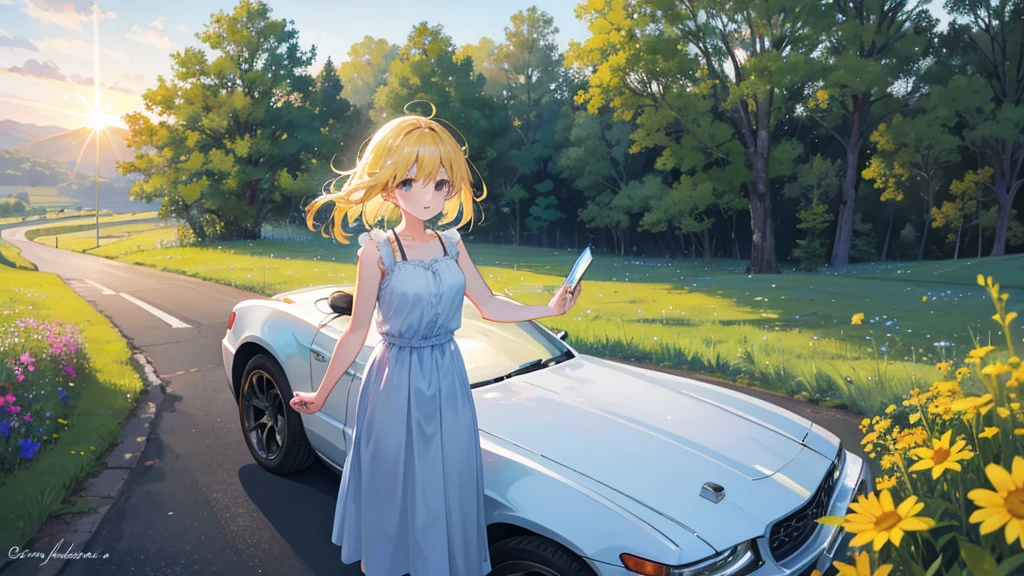 An anime girl driving a convertible car through a picturesque countryside, the morning light shining brightly. She is wearing a favorite casual outfit, with her hair flowing in the wind and a joyful smile on her face. The background features rolling green hills, blooming wildflowers, and a clear blue sky. The sun rises, casting a warm, golden glow across the scene, symbolizing hope and new beginnings. The girl's expression is full of excitement and determination, reflecting her dreams and true heart. As she drives, the road ahead is lined with beautiful scenery, including a quaint farmhouse and a winding dirt path. The atmosphere is filled with a sense of freedom and adventure, with vibrant colors and natural lighting highlighting her journey. The car's radio is playing music, and she is singing along passionately, embodying the spirit of living life to the fullest.