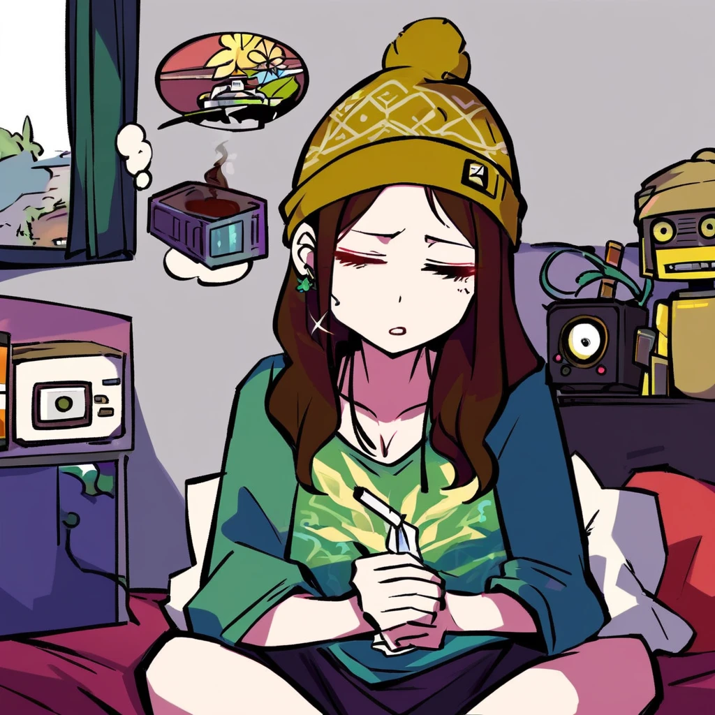 Adult female, robot, messy neck-length brown hair, indifferent, apathetic, hippie, beanie, baggy hipster clothing, sunken eyes, fully clothed, bland hippie bedroom, one feather earing, smoking marijuana