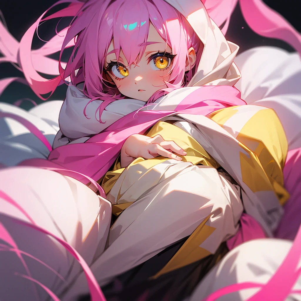 Newborn baby with pink hair and yellow eyes wrapped in a blanket.