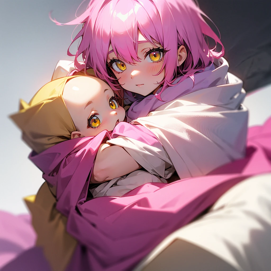 Newborn baby with pink hair and yellow eyes wrapped in a blanket.