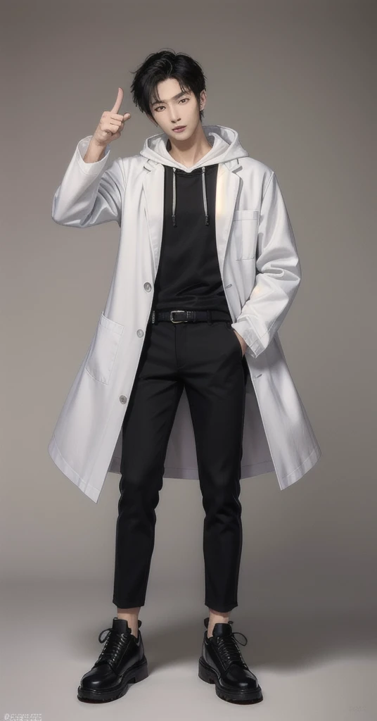 (photorealistic:1.2), (high detail face:1.3), (high detail hands:1.3), (anatomically correct hands:1.2), handsome young asian man, Japanese idol style, short clean-cut hair, ((center part)), (crisp white lab coat:1.3), ((black hoodie underneath:1.2)), (black pants:1.2), (black shoes:1.2), calm confident expression, (holding a product in right hand:1.3), (pointing with left index finger:1.3), explaining pose, plain white background, mid-shot portrait, full body view, high quality, detailed, 8K, (realistic skin texture:1.2), (sharp focus:1.1), (contrast between white coat and black clothing:1.2)