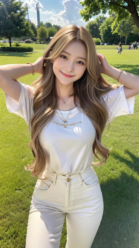 23-year-old woman,Long dark blonde wavy hair、Brown Hair, Cute Smile、、、Beautiful Necklace、On the grass in the park、、Cute smile with upward glances、T-Shirts、White skinny pants、Beautiful ass、Beautiful legs