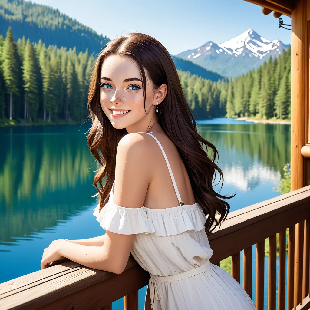 A Beautiful Woman with a frame, long, flowing dark brown hair, fair skin tone, and piercing blue eyes. She have freckles on her nose, and cheek. With a beautiful bright smile, she is leaning on a balcony on a cabin, with a forest, lake, and mountain on the background, clad in a white sundress.
