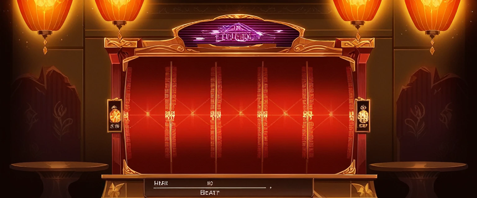 Close up of a red and gold throne with lanterns, game interface, Sliced bread, Game Background, Game Coverage, casino, game interface, background technology, High-quality screenshots, Loading Screen, User Interface Cards, Game Screen, Game Textures, background technologywork, game interface asset design, Random background scenes, Amazing depth, mobile Game Background, tape