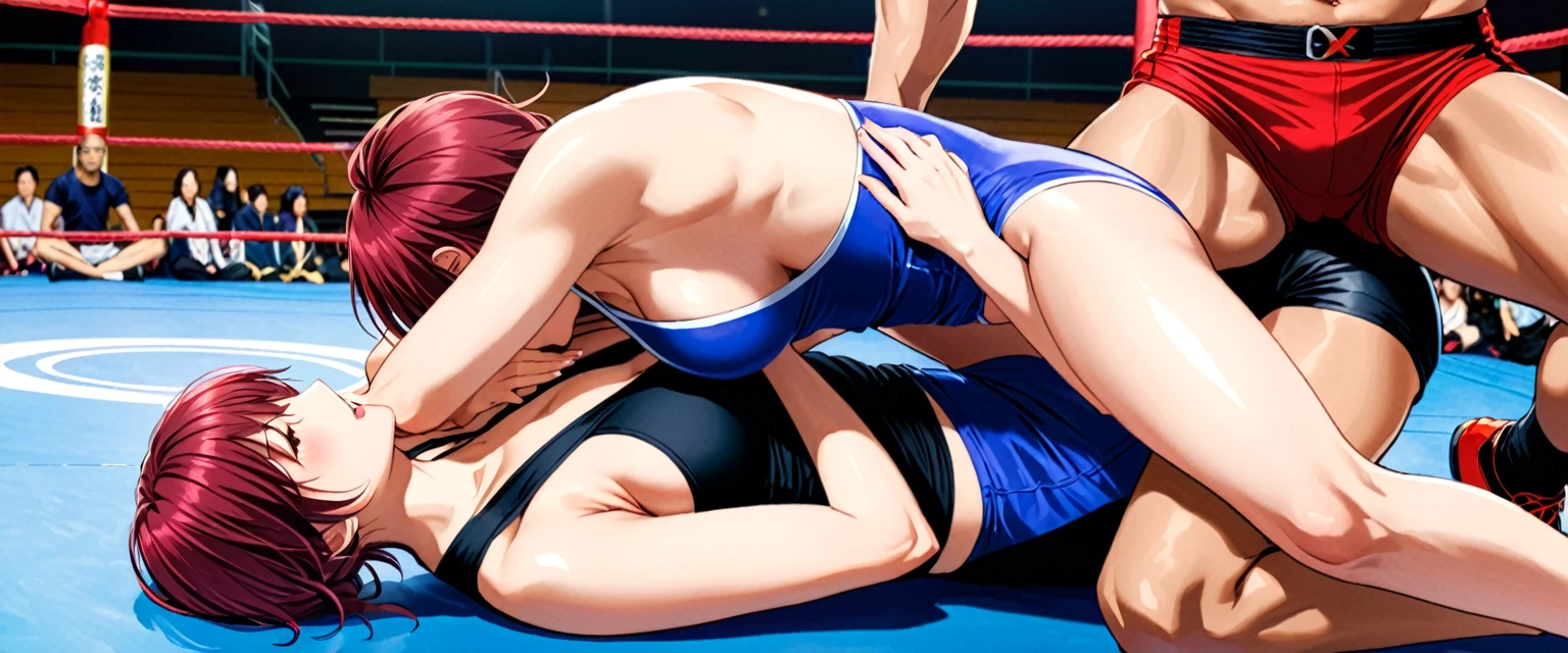 (in style of Takeshi Obata:1.3), (+18) , (Top quality, masterpiece), Japanese personal model, colossal,  freestyle wrestling Singlets , two enchanting women, breast cleavage, dojo, image quality at the highest level, in a close and intense freestyle wrestling fight, on the floor 