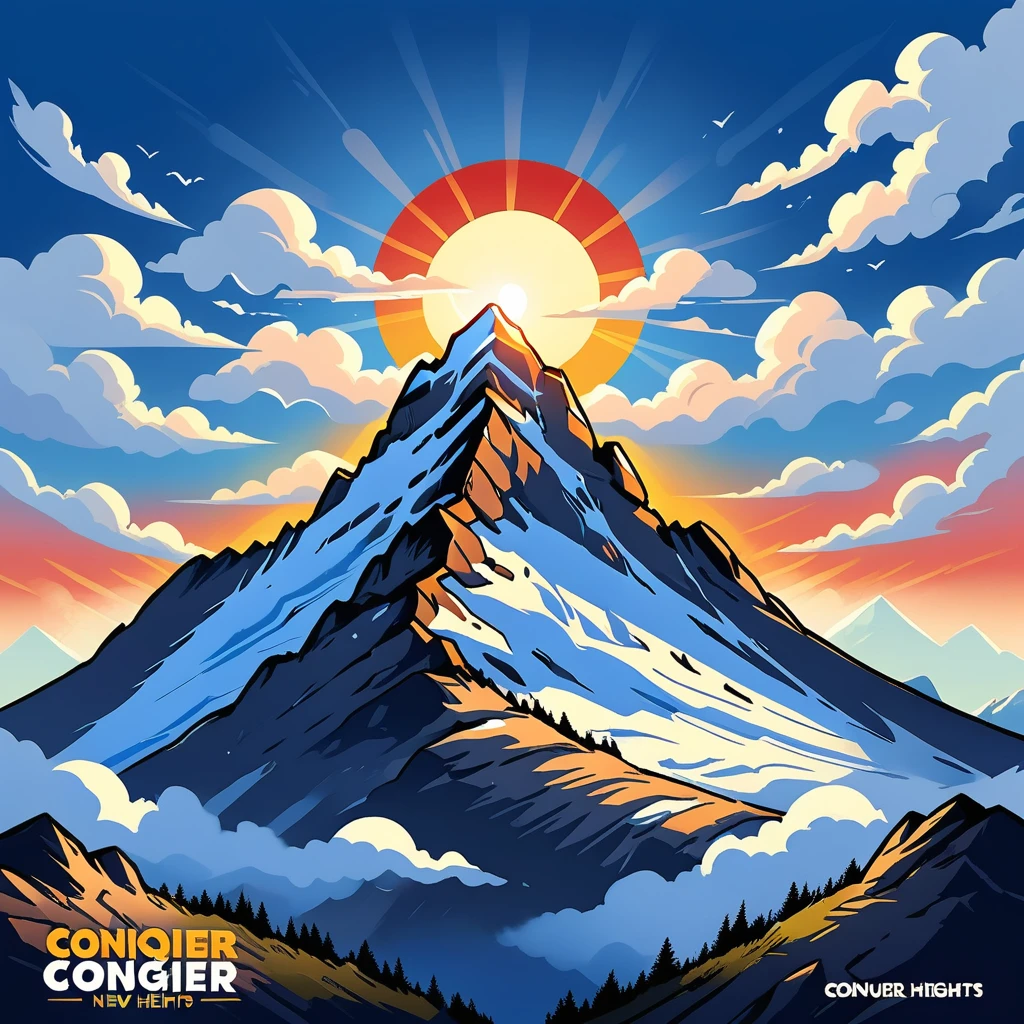 A mountain peak kissed by the rising sun, framed by calming blue clouds. Text: “Conquer New Heights.”