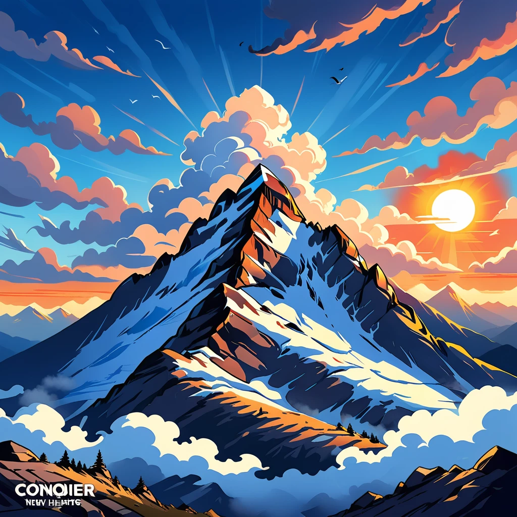 A mountain peak kissed by the rising sun, framed by calming blue clouds. Text: “Conquer New Heights.”