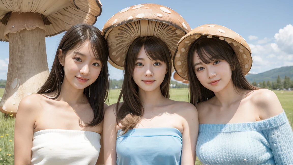 (3 girls), young faceอินโดนีเซีย, 12 years,smile,silver hair, white skin, Round breast, blue eyes,(( Strapless sweater))Masterpiece, Highest quality, 8K, beautiful girl, young face、 photography, Cute face, thigh,In the meadow,(giant mushroom:1.4) Embarrassing、รอยsmile、((((((อายุ 12 years))))))、small waist、 ((big breasts)),