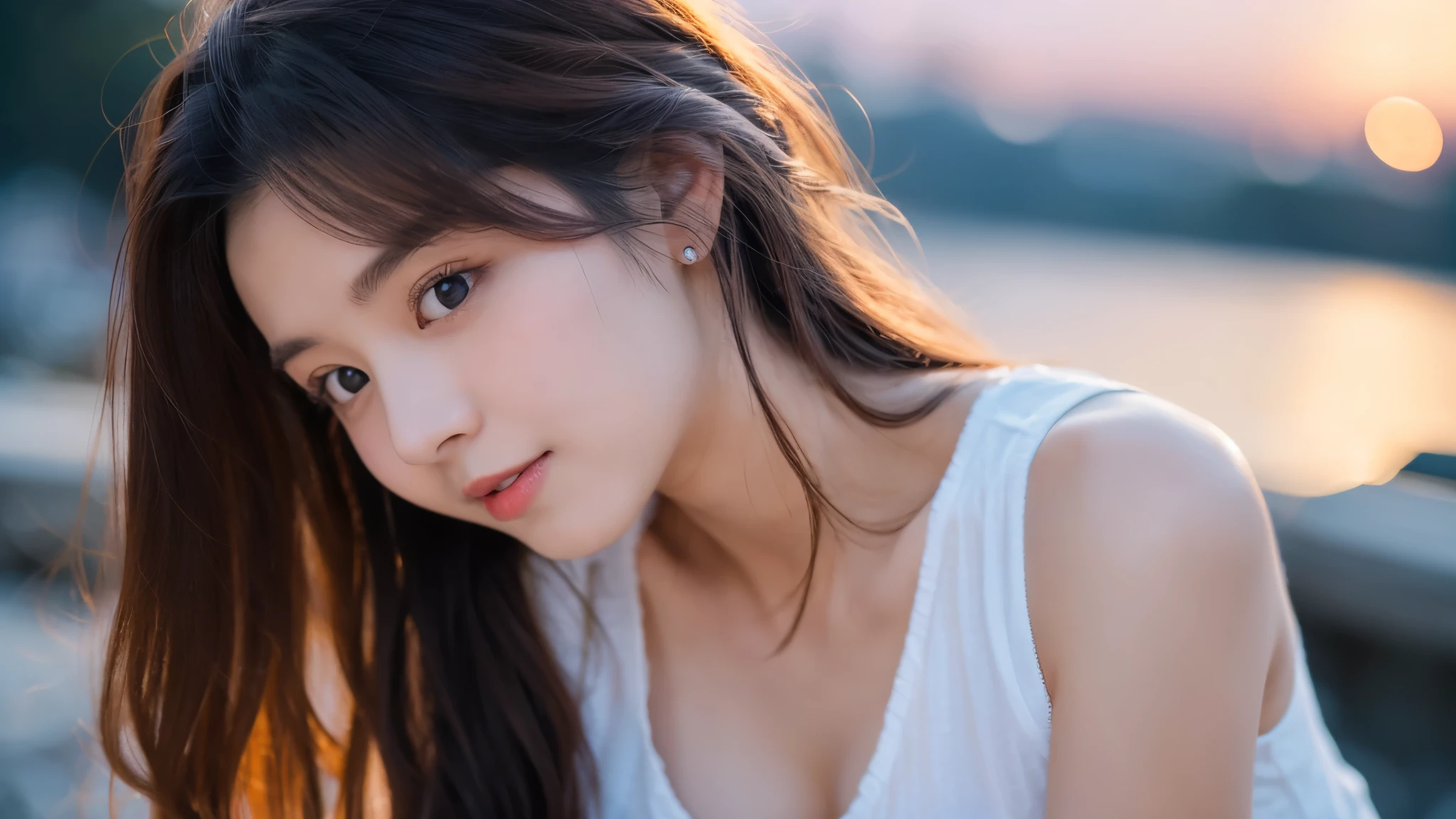 A very cute face like an idol、Looks like a young face、20-year-old female、Gentle and cute、Cleavage、Beautiful moon and starry night、Moonlight only、Natural light、RAW Photos、Genuine、live-action、(Romantic)、(Artistic Expression)、Real Stick、High resolution、masterpiece