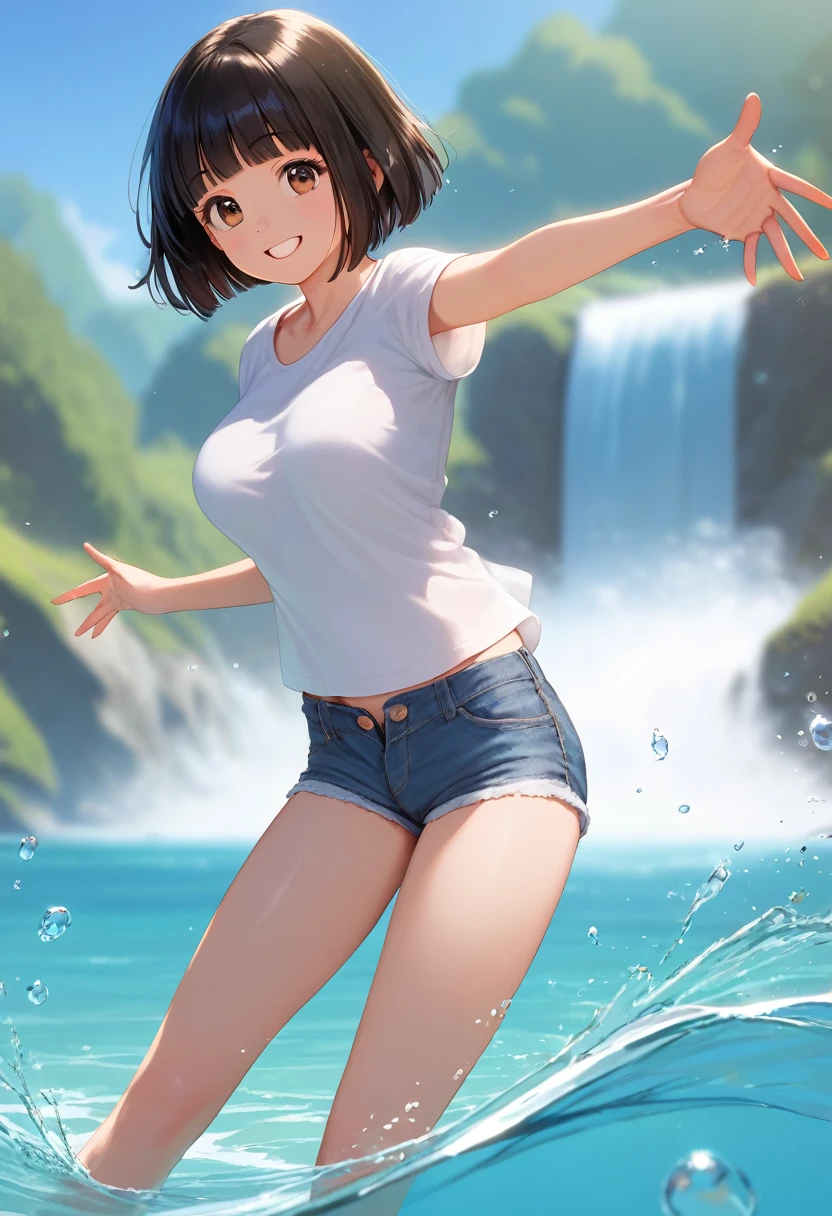  score_9,score_8_up,score_7_up,masterpiece,best quality, source anime, realistic, super detailed, extreme detailed, rating_safe,
1girl, standing, reaching out, smile, 
BREAK girl, 22yo, short hair, bob cut, (blunt bangs), black hair, (tareme, detailed cute brown eyes), curled eyelashes, (large breasts:0.9),
shiny hair, beautiful detailed eyes, beautiful face,
slender, small ass, slim legs,
plain t-shirt, denim shorts, unbuttoned loose shorts,
in the mountain stream, waterfall, summer, sunshine, water splash,Blurred Background,