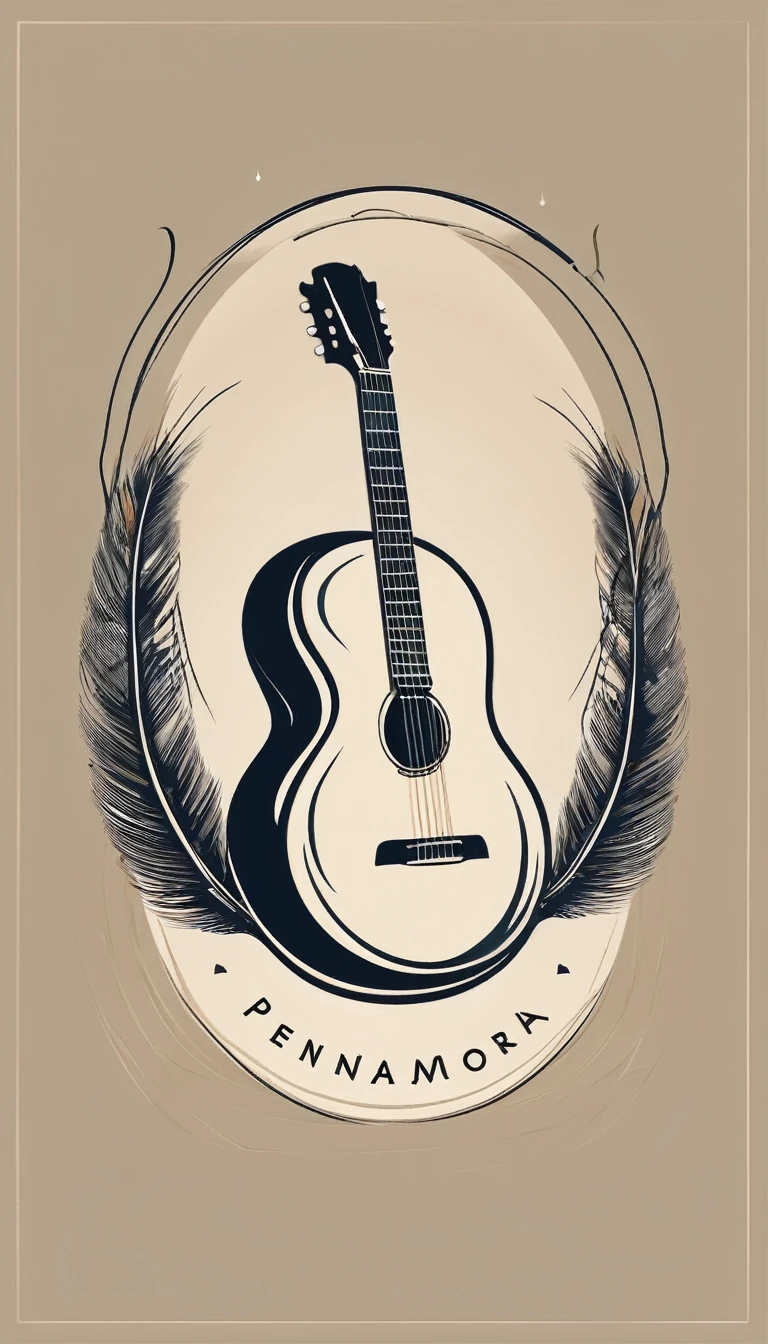 A minimal, modern, simple, cinematic logotype for the brand “Penamemoria". The logotype must be a simple, magical feather and a boy playing acoustic guitar. The logo must convey a sense of music, stories and dreams. Logo design impressed on a book cover. Minimalistic logo