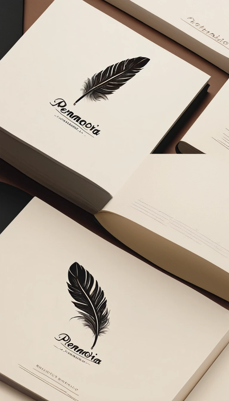 A minimal, modern, simple, cinematic logotype for the brand “Penamemoria". The logotype must be a simple, magical feather and a boy playing acoustic guitar. The logo must convey a sense of music, stories and dreams. Logo design impressed on a book cover. Minimalistic logo