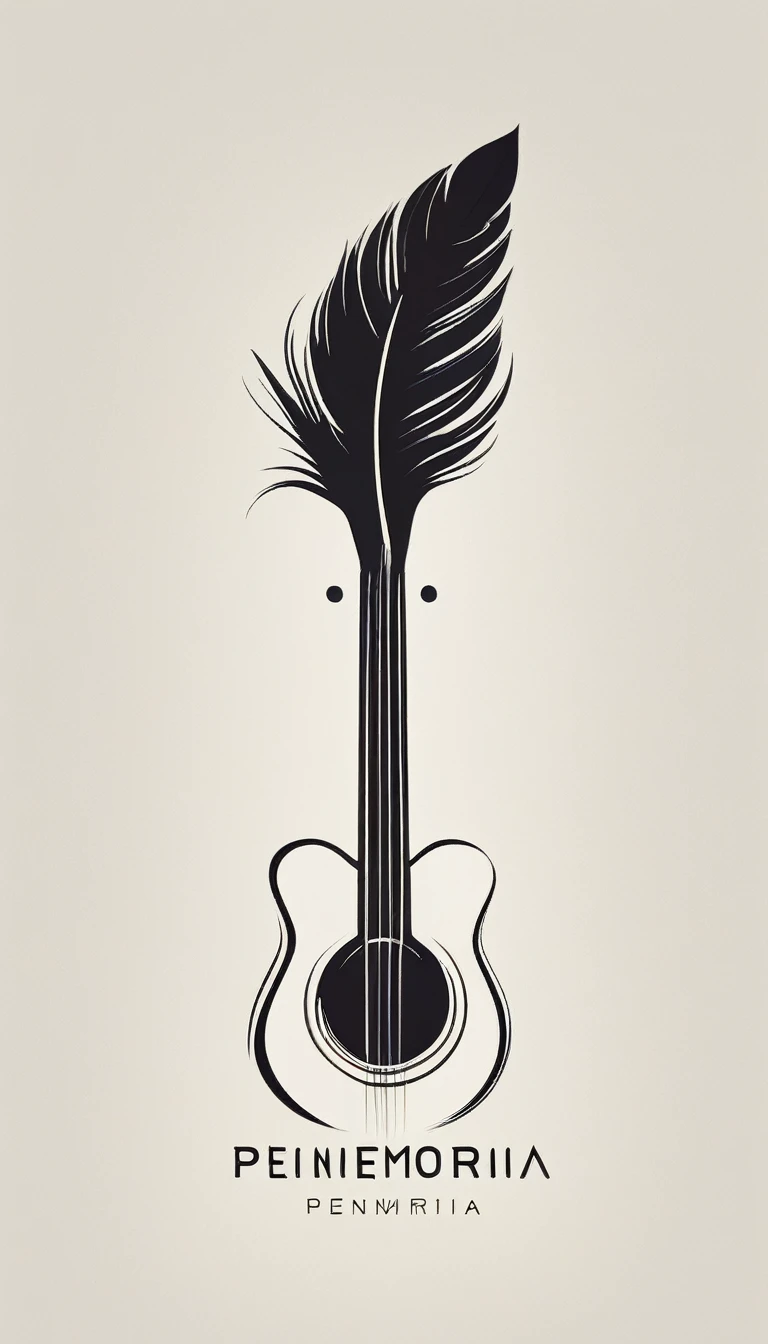 A minimal, modern, simple, cinematic logotype for the brand “Penamemoria". The logotype must be a simple, magical feather and a boy playing acoustic guitar. The logo must convey a sense of music, stories and dreams. Logo design impressed on a book cover. Minimalistic logo