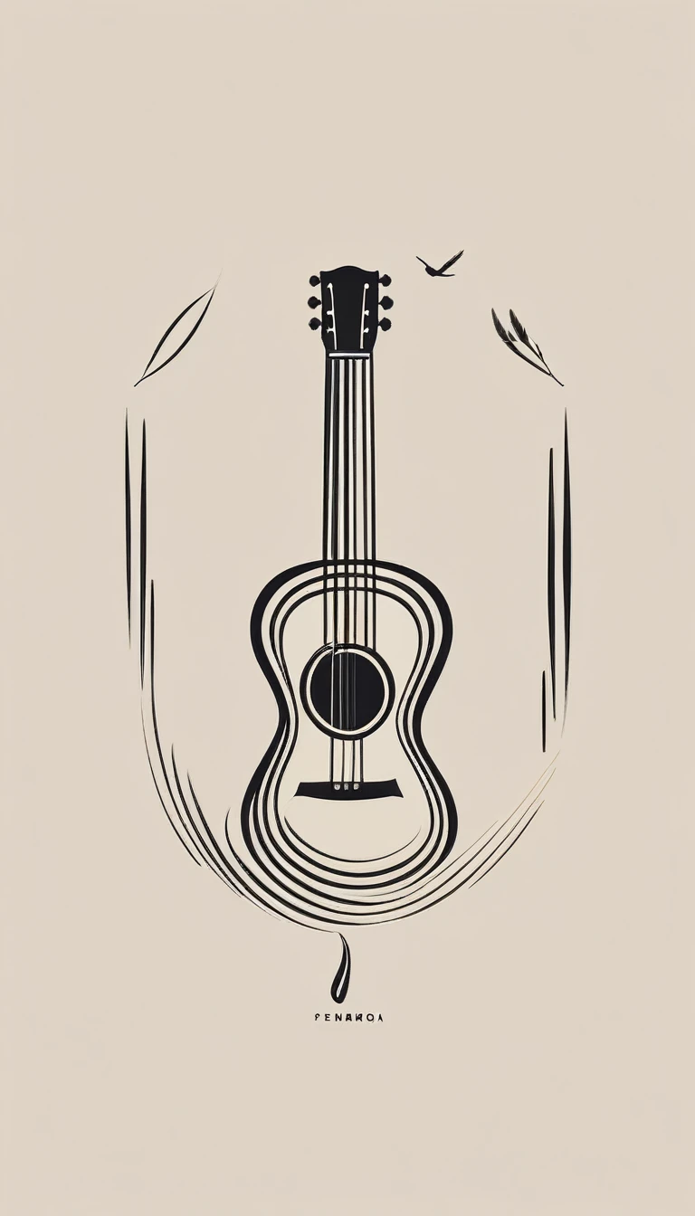 A minimal, modern, simple, cinematic logotype for the brand “Penamemoria". The logotype must be a simple, magical feather and a boy playing acoustic guitar. The logo must convey a sense of music, stories and dreams. Logo design impressed on a book cover. Minimalistic logo
