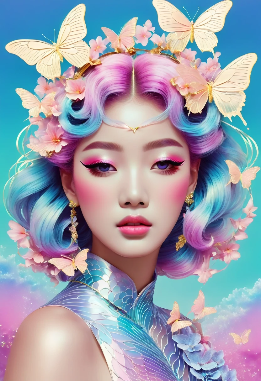 Vaporwave Style, Portraiture, Beautiful details、Butterfly Hair Ornament