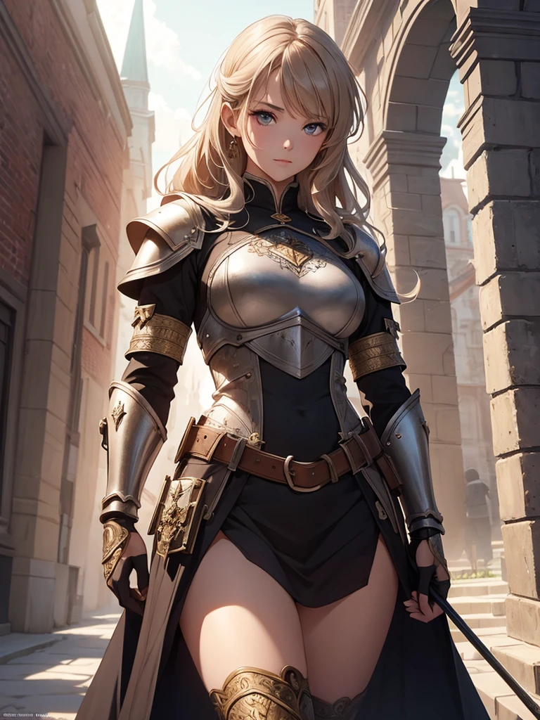 ((1girl, solo)), beautiful body, perfect anatomy,  natural proportions, sexy body, cowboy shot, full body, standing BREAK

A female knight in a advance medieval city BREAK

fantasy medieval city, day, fantasy architecture, tree BREAK

(masterpiece:1.2), top quality, best quality, (beautiful and aesthetic:1.2), (ultra detail:1.5), Ultra-detailed depiction, Ultra-precise depiction, extremely detailed 8k illustration, high resolution, (highly detailed shading:1.2), (realistic lighting:1.4), perfect lighting, vibrant colors, dynamic tones, striking hues, 8k, absurd resolution, perfect shadows, hdr, UHD, ambient lighting, realistic, ultra-realistic, photo realistic, highly detailed, rich detail, luminous colors, fine texture, intricate design, professional illustration, (soft light:1.2), (illustration:0.7)