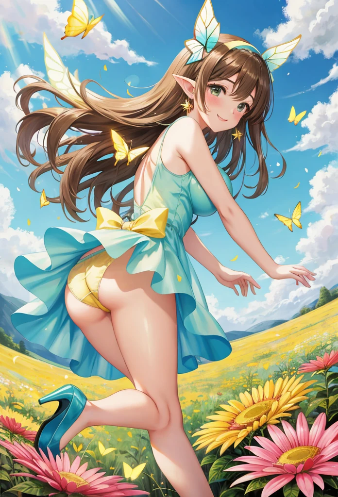 1 beautiful girl 20 years old, anime girl, walking in a field of flowers, blue sky with white clouds, artistic fairy costume green mini dress, low-cut and sleeveless dress, yellow panties, beautiful legs, beautiful thighs, crystal high heels, defined hands and legs, full body, looks like a sexy model, a pair of translucent wings, butterflies around, big round breasts, glossy lips, cleavage, high heels, brown hair, hair over shoulder, wavy hair, asymmetrical bangs, hair one side up, expressive hair, hair behind ear, hairband, leaf hair ornament, aqua eyes, pupils sparkling, crystal earrings, pointy ears, smile, blush, fingersmile, seductive smile, naughty face, Color Field painting, high detail, anime, dithering, image fill, first-person view, wide shot, from behind, she looks back at the viewer, perspective, Wide-Angle, f/1.8, 85mm, Canon, 8k, super detail, UHD, anatomically correct, masterpiece, high quality