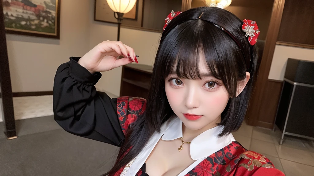 Urzan-6500-v1.1, (RAW Photos:1.2), (Photorealistic), (Genuine:1.4), (Pieces fly), Elegant woman with a perfect figure: 1.3, Jet Black Hair、((Straight bob hair with neatly trimmed ends、bangs、Red Hairband))、(She is wearing a deep purple furisode with an elegant pattern..)、Standing with the fan closed、Majestic Hall々, (A look full of murderous intent:1.2)、 Highly detailed face and skin, Beautiful Eyes, double eyelid, Full Body Shot:1.2、Wearing short boots、(1 person:1.4)、Cleavage、