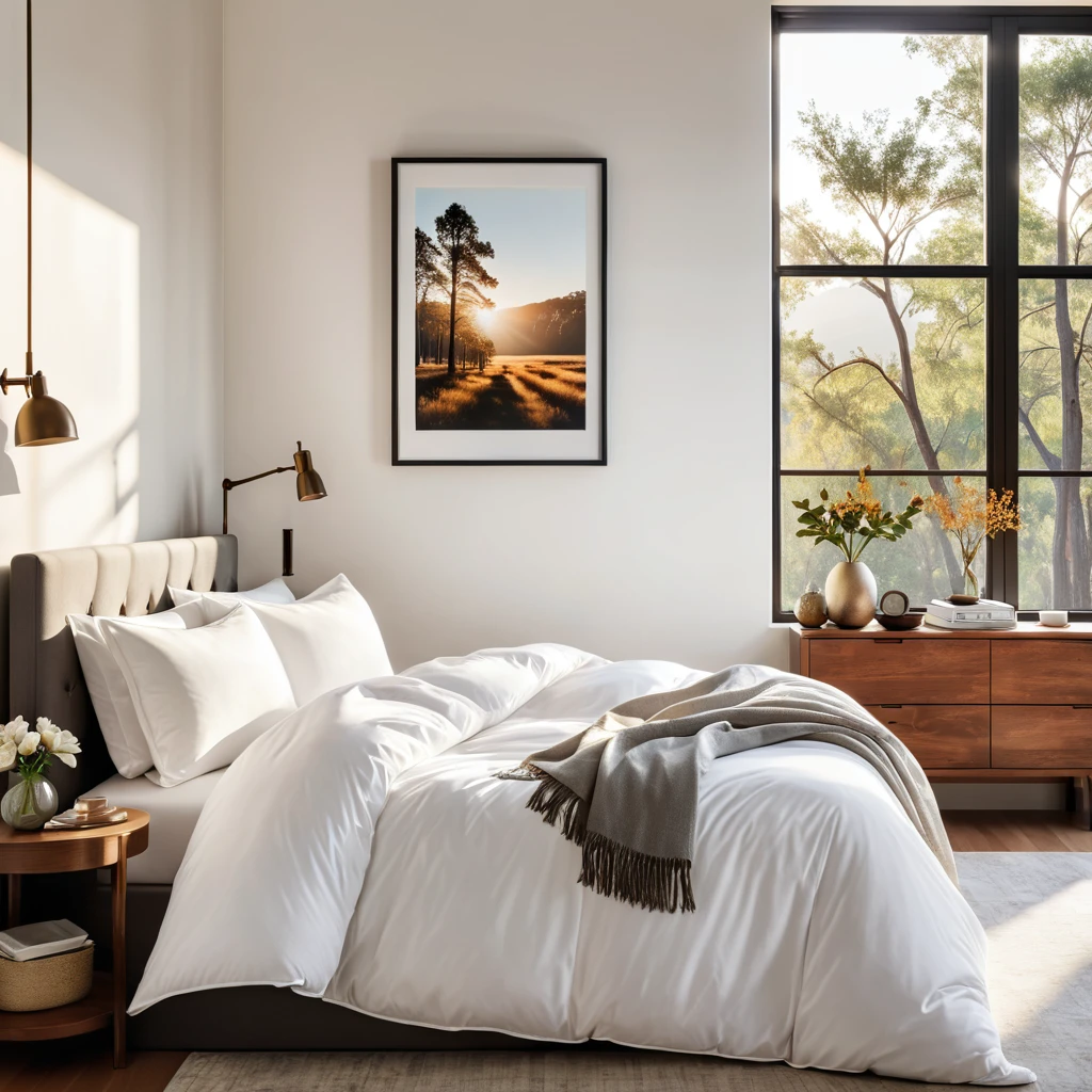 there is a bed with a white comforter, white walls iron bark, radiant morning light, a picture on a nightstand