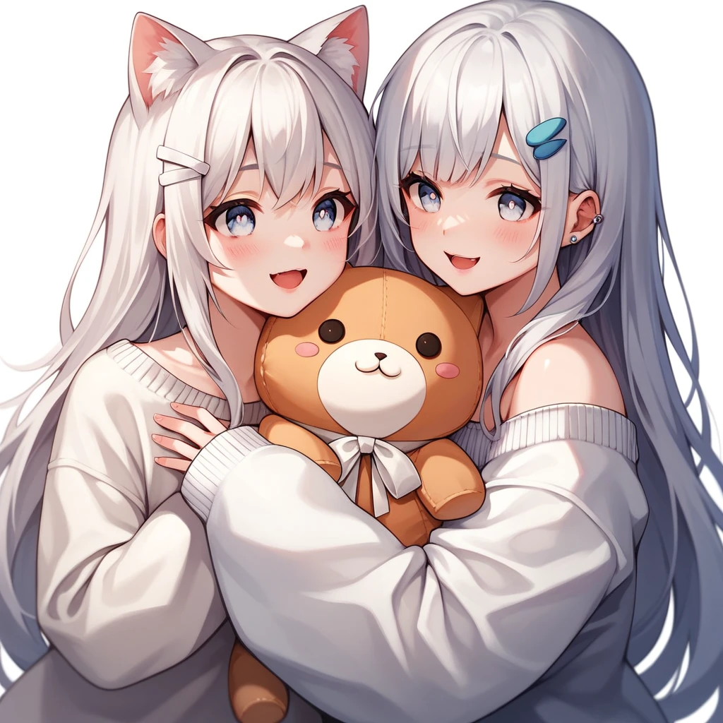 ２girls，long hair, White hair,White inner hair, open mouth, smile, flustered, Illustration where the pupil does not overlap the lower lash line, The lower half of the eye is white, vacant eyes,White eyes, oversized clothes, sleeves past wrists, , White cardigan, White ribbon, piercing, stuffed animal, White background, ２girls, solo, hairpin，Embrace，cat ear