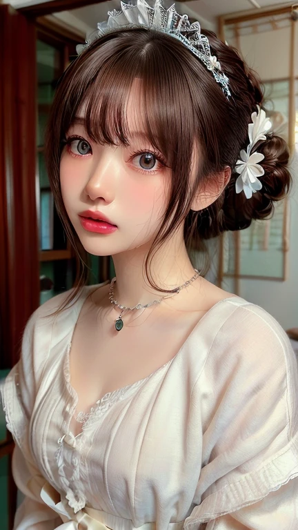 ((Highest quality)),(Ultra-high resolution),(Very detailed),(Detailed Description),((The best CG)),(masterpiece),Very detailedなアート、Small breasts、Whitening 1.5、Clear skin quality、(((Maid uniform 1.5)))、(((1.5)))、Ribbon hair ornament、(((Bun hair 1.5)))、(((1.5)))Tying up hair、Glitter Necklace、Ultimate Beauty 1.5、((( 1.5)))、Open your mouth、