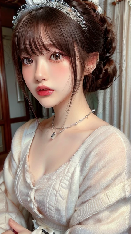((Highest quality)),(Ultra-high resolution),(Very detailed),(Detailed Description),((The best CG)),(masterpiece),Very detailedなアート、Small breasts、Whitening 1.5、Clear skin quality、(((Maid uniform 1.5)))、(((1.5)))、Ribbon hair ornament、(((Bun hair 1.5)))、(((1.5)))Tying up hair、Glitter Necklace、Ultimate Beauty 1.5、((( 1.5)))、Open your mouth、