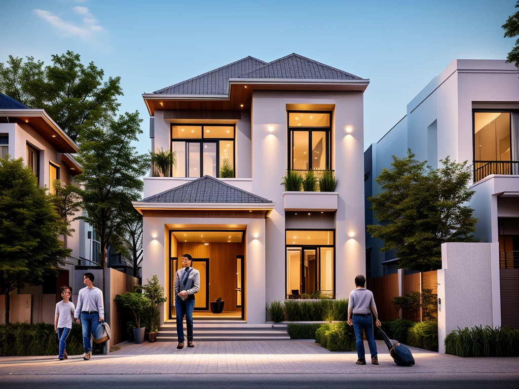 Perspective of a modern house with a large enough front yard, main materials are light yellow walls, stone and wood, a road running in front of the house, (RAW photo, real, best quality, masterpiece: 1.2), current view modern minimalist, 1 street in front of house, shime ring light, indoor brightness:1.2, dynamic lighting:1.3, (hyper-realistic, photo-realistic:1.2), high quality, daylight, contrast high:0.5 perfect light, Archdaily, contemporary masterpiece award, award winning contemporary, beautifully designed masterpiece, spacious modern mansion, modern neo-traditional, wide angle exterior 2022 , mid-century modern, contemporary home, stylish modern feel, long front view, award-winning modern design, stunning lines, residential, exquisite details, indoors gently:1.3