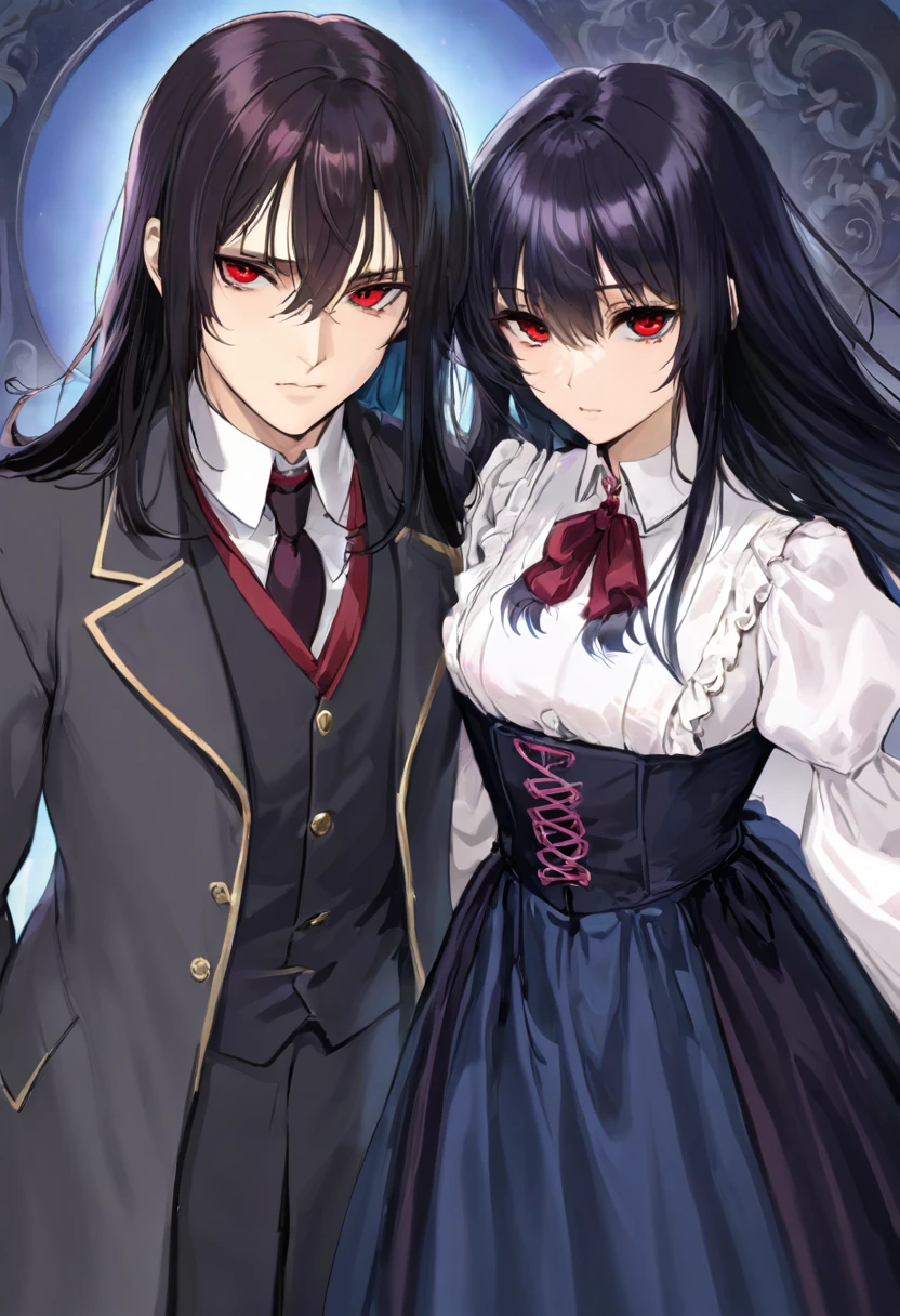 a man with black hair, which he wears to a side parting and blue eyes and a serious face together with a woman. The red eyes, has white, long hair and bangs and a friendly face, that he saw them in an old, Victorian area, a chopped into each other