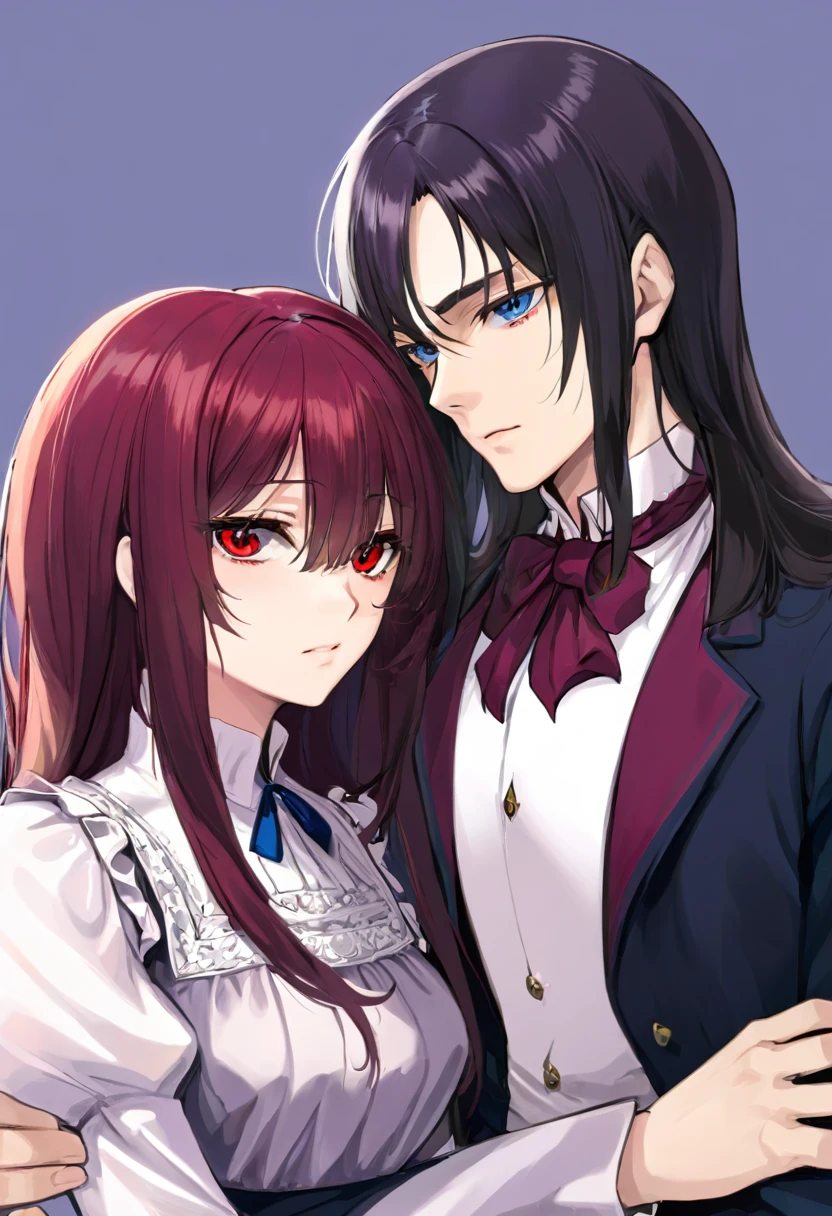 a man with black hair, which he wears to a side parting and blue eyes and a serious face together with a woman. The red eyes, has white, long hair and bangs and a friendly face, that he saw them in an old, Victorian area, a chopped into each other