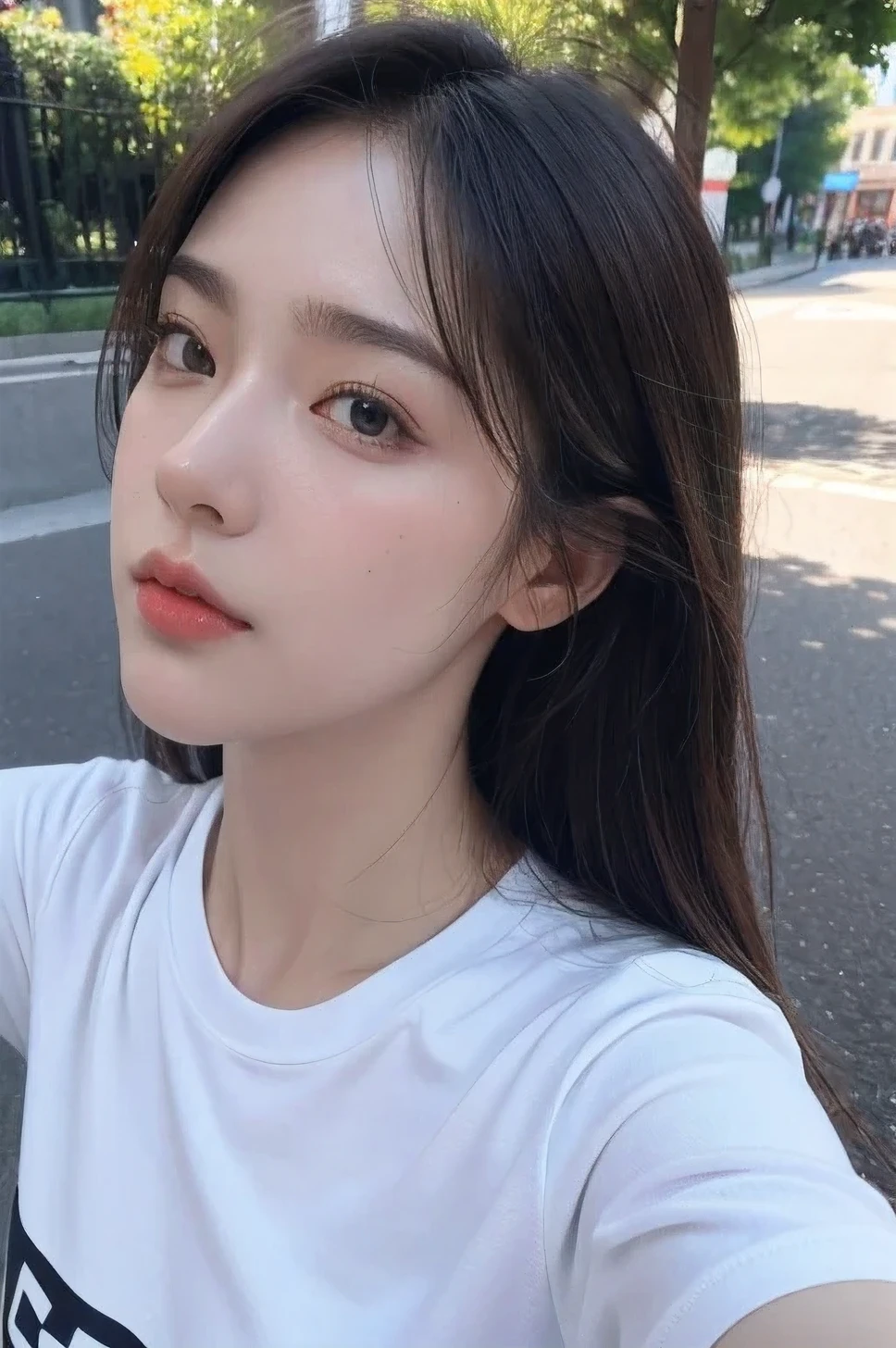 8K,best quality, ultra high resolution, (realistic:1.4), (real skin texture:1.3), (selfie angle),1 woman,outdoor,t-shirt,