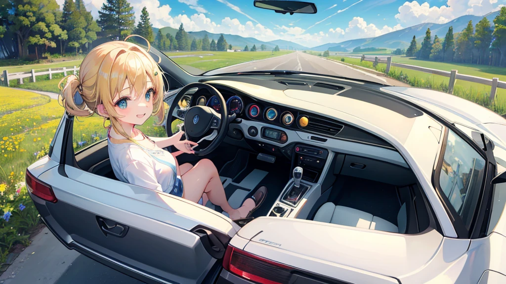 An anime girl driving a convertible car through a picturesque countryside, the morning light shining brightly. She is wearing a favorite casual outfit, with her hair flowing in the wind and a joyful smile on her face. The background features rolling green hills, blooming wildflowers, and a clear blue sky. The sun rises, casting a warm, golden glow across the scene, symbolizing hope and new beginnings. The girl's expression is full of excitement and determination, reflecting her dreams and true heart. As she drives, the road ahead is lined with beautiful scenery, including a quaint farmhouse and a winding dirt path. The atmosphere is filled with a sense of freedom and adventure, with vibrant colors and natural lighting highlighting her journey. The car's radio is playing music, and she is singing along passionately, embodying the spirit of living life to the fullest.