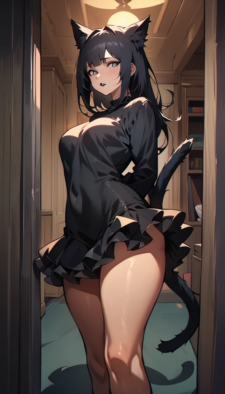 (high quality, 8k, 4K, high contrast, artwork:1.2, high quality, best aesthetics), ((1 woman)), erotic, sensual, mature body, super detailed, beautiful face detailed, beautiful eyes detailed, detailed beautiful mouth, perfect breasts, wide thighs, sexy body, (long straight black hair), (black eyes), (black lipstick), (black eyeliner), (black eyeshadow), (calm expression), (penetrating gaze), (black cat ears), (black cat tail), (short black dress with short ruffled skirt and long sleeves), (centered), (looking at viewer), (standing), (inside a bedroom), (hands behind back), (front view)