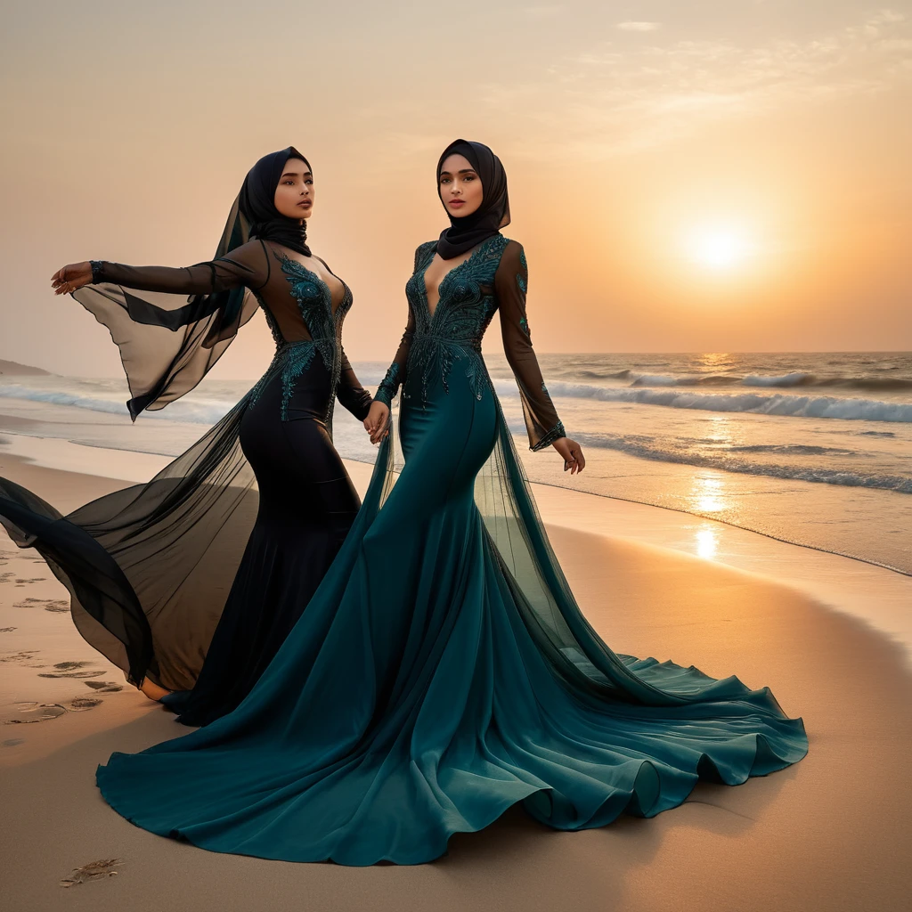 Two woman in the sheer gown,wearing hijab, full body,mermaid tight long gown, flowy dramatic long gown,very long flor length gown, tall women, in beach,sunset, sexy face, winds blow her gown, sexy pose, masterpice, hyper realistic, 