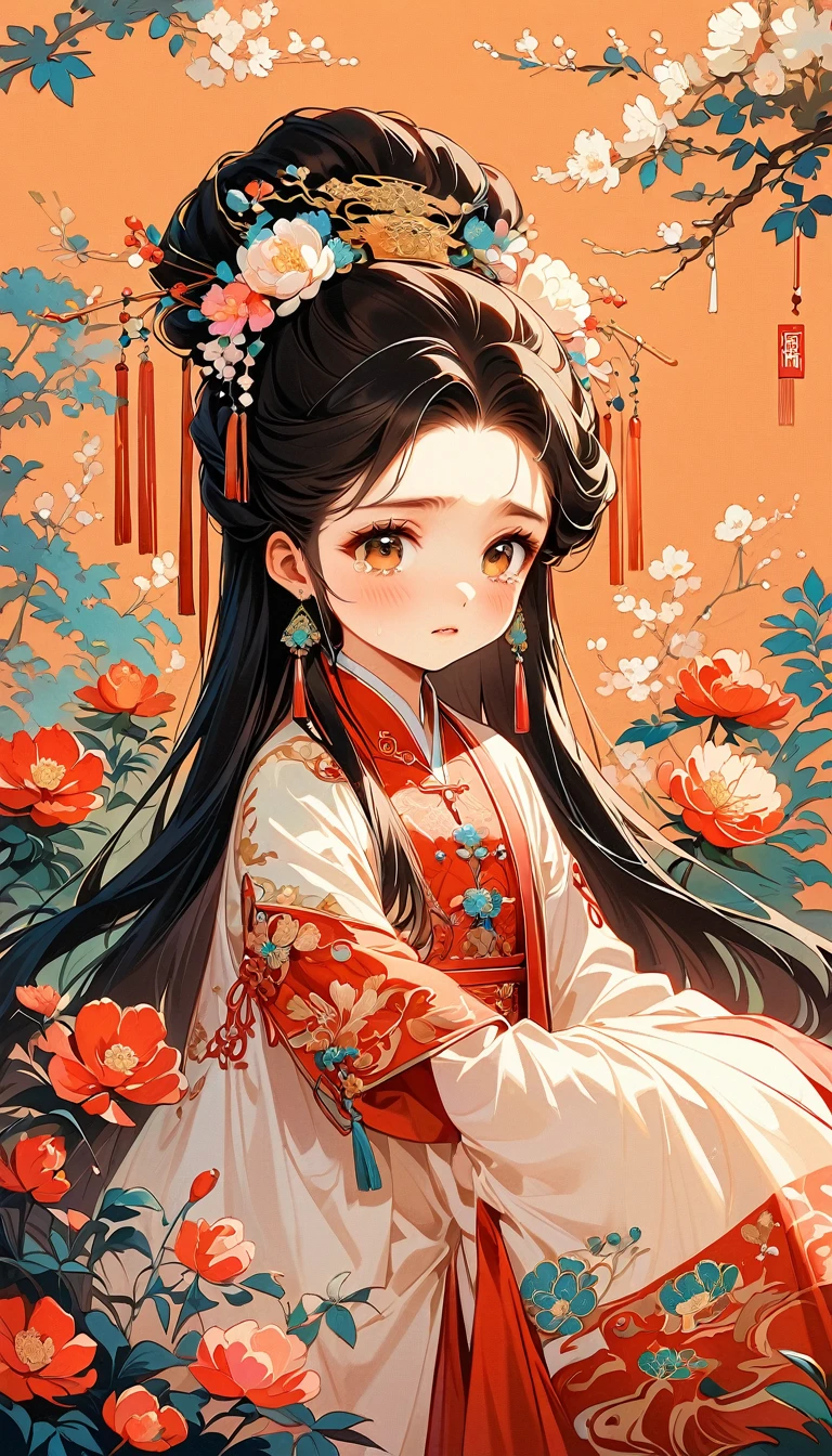only one beautiful young 5 year old little girl in traditional Chinese attire, sadness and crying expression, from front, eyes look at other side, fashion pose, charming and attractive sexy pose, surrounded by a lush garden. gazing at it with gentle eyes. The woman's hair is styled in an elaborate updo adorned with flowers and traditional ornaments. Her dress is elegant, pink and white color tone, featuring fine silk with floral embroidery. The garden is in full bloom, with peonies and other flowers providing a backdrop. The scene captures the serenity and beauty of classical Chinese art, with a touch of nature harmony, (((Ultra-high saturation, high natural saturation, extremely bright colors)))