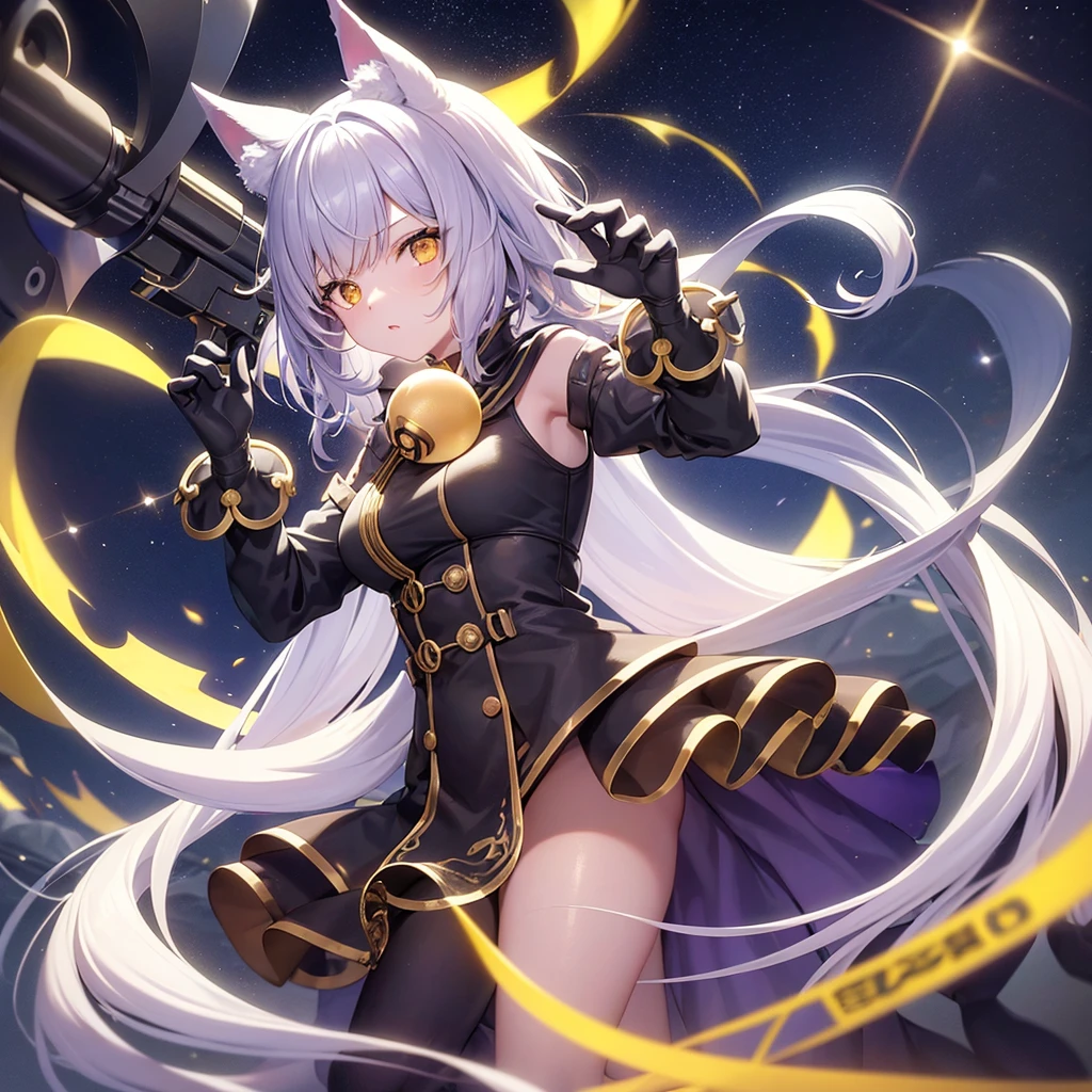 A girl with wolf ears and a long, fluffy tail with some psychic spheres in her hands with yellow and blue orbs in a defense pose, and as a background at night levitating over the water