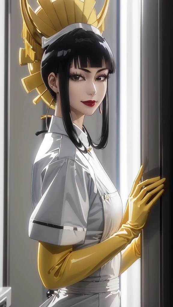 (masterpiece, best quality), SShutaraV4, source_anime, natural light, senjumaru shutara, 1girl, solo, slight smile, long hair, bangs, blunt bangs, sidelocks, (black eyes), (black hair:1.4), makeup, lipstick, red lipstick, mature, mature female, nurse uniform, rubber gloves, patient room background,