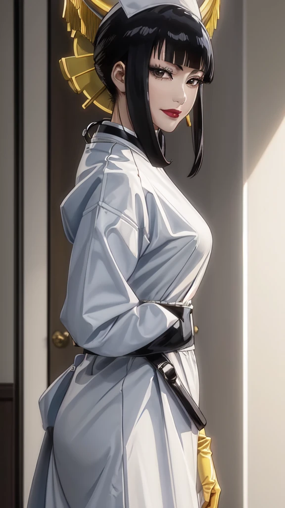 (masterpiece, best quality), SShutaraV4, source_anime, natural light, senjumaru shutara, 1girl, solo, slight smile, long hair, bangs, blunt bangs, sidelocks, (black eyes), (black hair:1.4), makeup, lipstick, red lipstick, mature, mature female, nurse uniform, rubber gloves, patient room background,