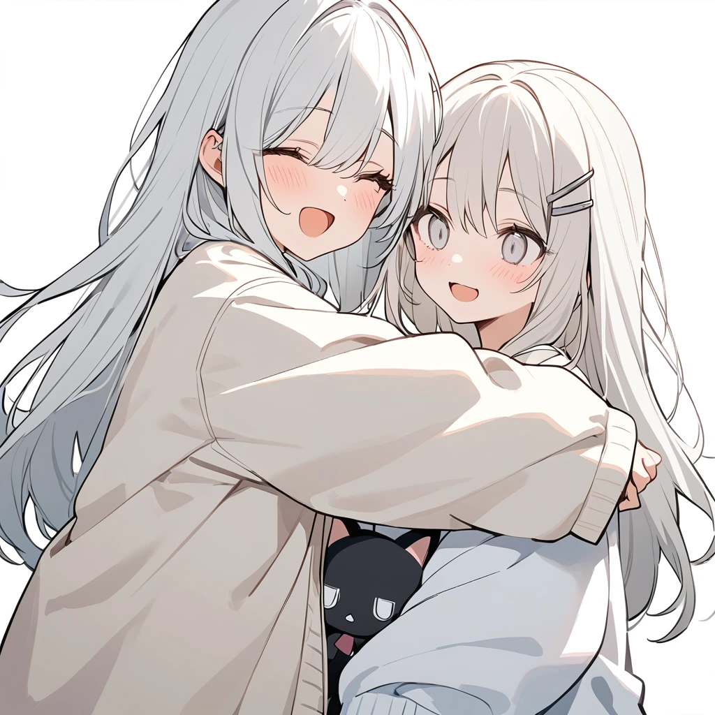 ２girls，long hair, White hair,White inner hair, open mouth, smile, flustered, Illustration where the pupil does not overlap the lower lash line, The lower half of the eye is white, vacant eyes,White eyes, oversized clothes, sleeves past wrists, , White cardigan, White ribbon, piercing, stuffed animal, White background, ２girls, solo, hairpin，Embrace，cat ear