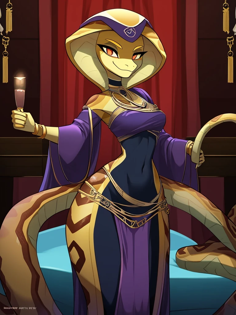 Best quality, Super detailed illustration, (Snake girl:1.4),Worse than ever, Snake girl, Snake nose, big long muzzle,, fortune teller clothes, smug smile, half-closed eyes ,small waist, wide hips, slim, Perfect body, "don't worry" style,