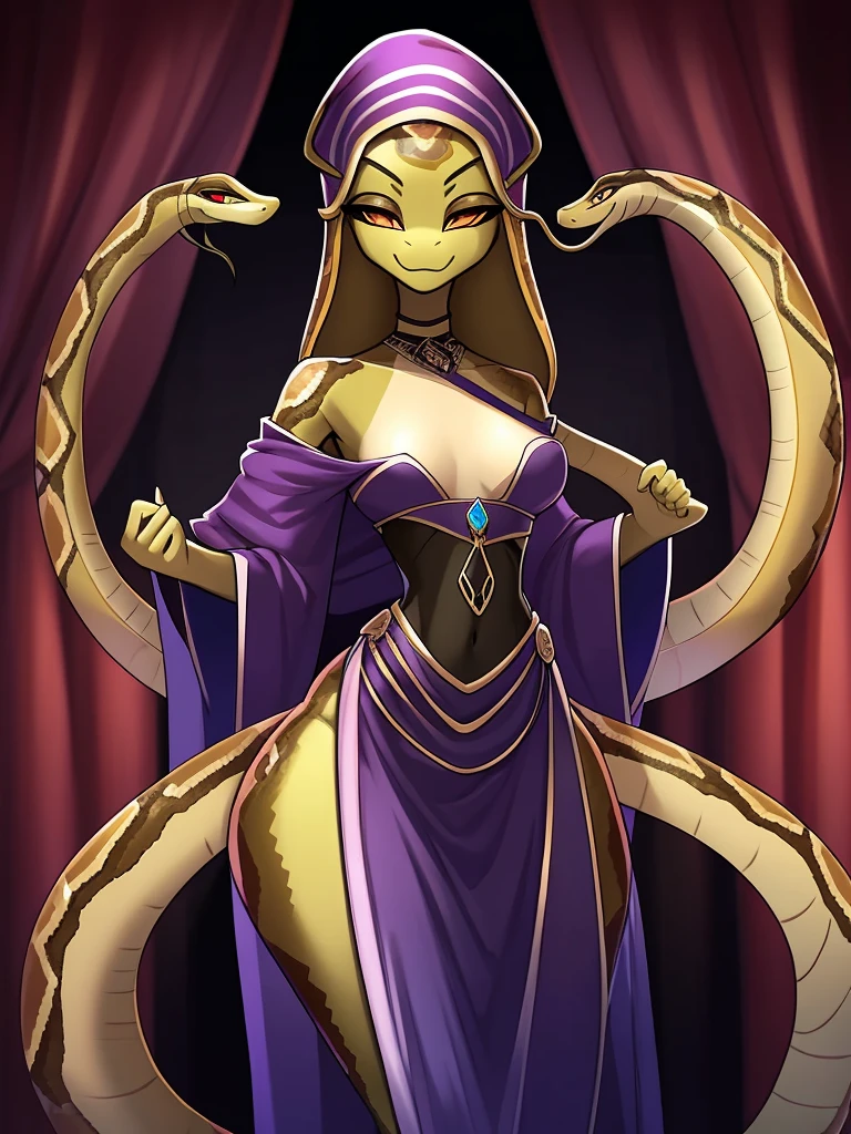 Best quality, Super detailed illustration, (Snake girl:1.4),Worse than ever, Snake girl, Snake nose, big long muzzle,, fortune teller clothes, smug smile, half-closed eyes ,small waist, wide hips, slim, Perfect body, "don't worry" style,