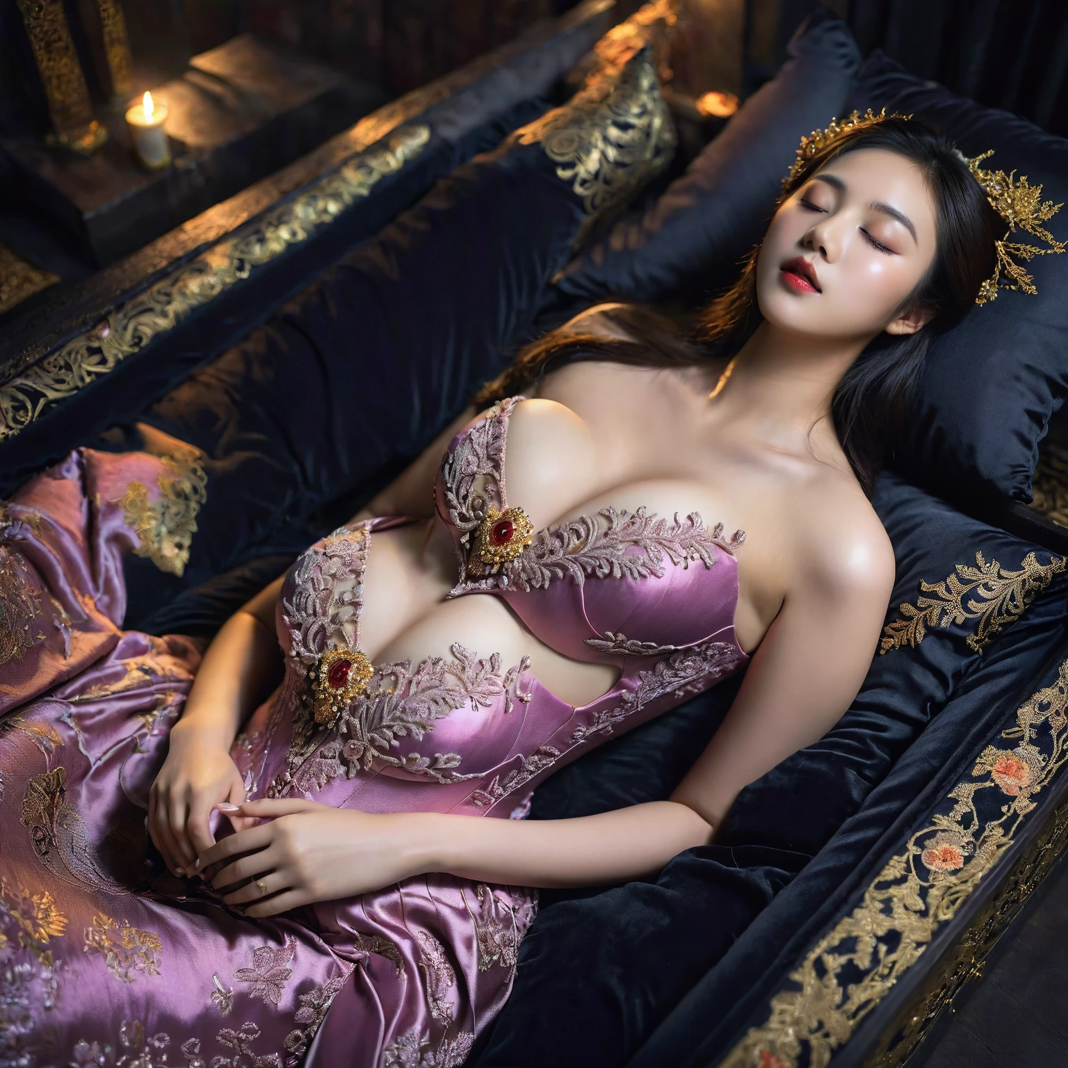 In a striking 8K HDR scene, a stunning Korean woman, 22 years old, lies peacefully in a black coffin surrounded by plush pillows. The deep box is set against a rich black background, accentuating the beauty of the subject. Her exquisite kebaya attire is embroidered with superb detail, showcasing her round and firm breasts, perfect cleavage, and beautiful eyebrows. Her closed eyes and mouth give an air of serenity, while her visible and absolute cleavage leave nothing to imagination. The scene is bathed in saturated colors, highlighting every intricate aspect from the ball skirt to her clean face.