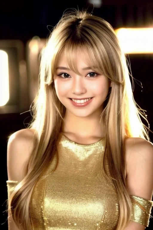 Beautiful and fair、Glowing Skin, nice, bright, A refreshing and kind smile, Perfect beautiful face、Shiny blonde long hair,Very beautiful 18 year old girl, eyeliner, So perfect and beautiful、Lovely big brown eyes, (Cinematic aesthetics:1.4) Ginza Club Photos, Glamorous Dress,