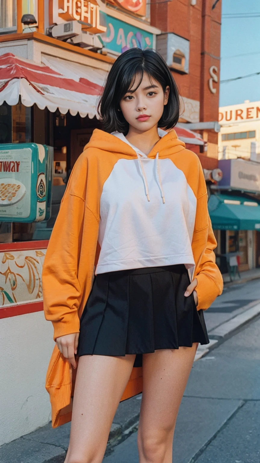 35mm Vintage photo of long shot portrait of cute 23 yo girl ,(perfect natural breast),wear ((orange color oversized hoodie)), wear ((purple tennis skirt)),looking viewer,Best Quality,Masterpiece,Ultra High Resolution,(Realisticity:1.4),Original Photo, 1Girl, light leak,ultra high resolution,UHD,beautiful, (black bob hair), almond eye, no makeup, in front of (((A retro ice cream shop ))), (realistic:1.2), (surreal:1.3), (very detailed:1.1), ((masterpiece)),film camera, 800mm lens,style of ,beautiful face, (realistic face), (black hair, short hair:1.3), analog film photo, Kodachrome